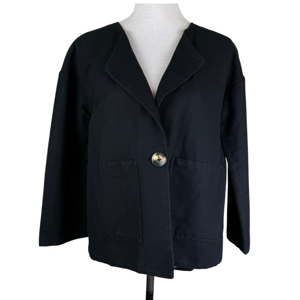Leon & Harper Black Linen Cotton Blend Collarless Relaxed Boxy Blazer Jacket